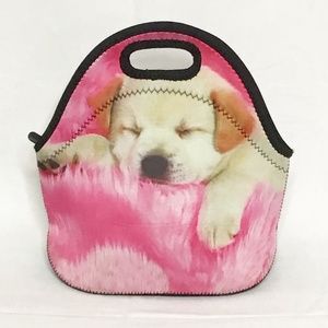 Sleeping Puppy Insulated Lunch Bag Pink Top Handle